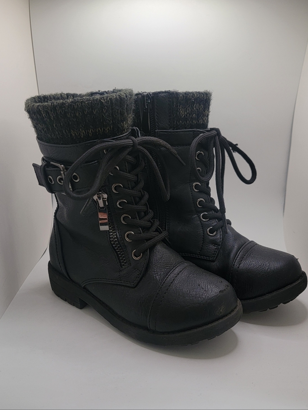Girl's Black Lace-Up Faux Leather Ankle Boots with Knit Cuff
